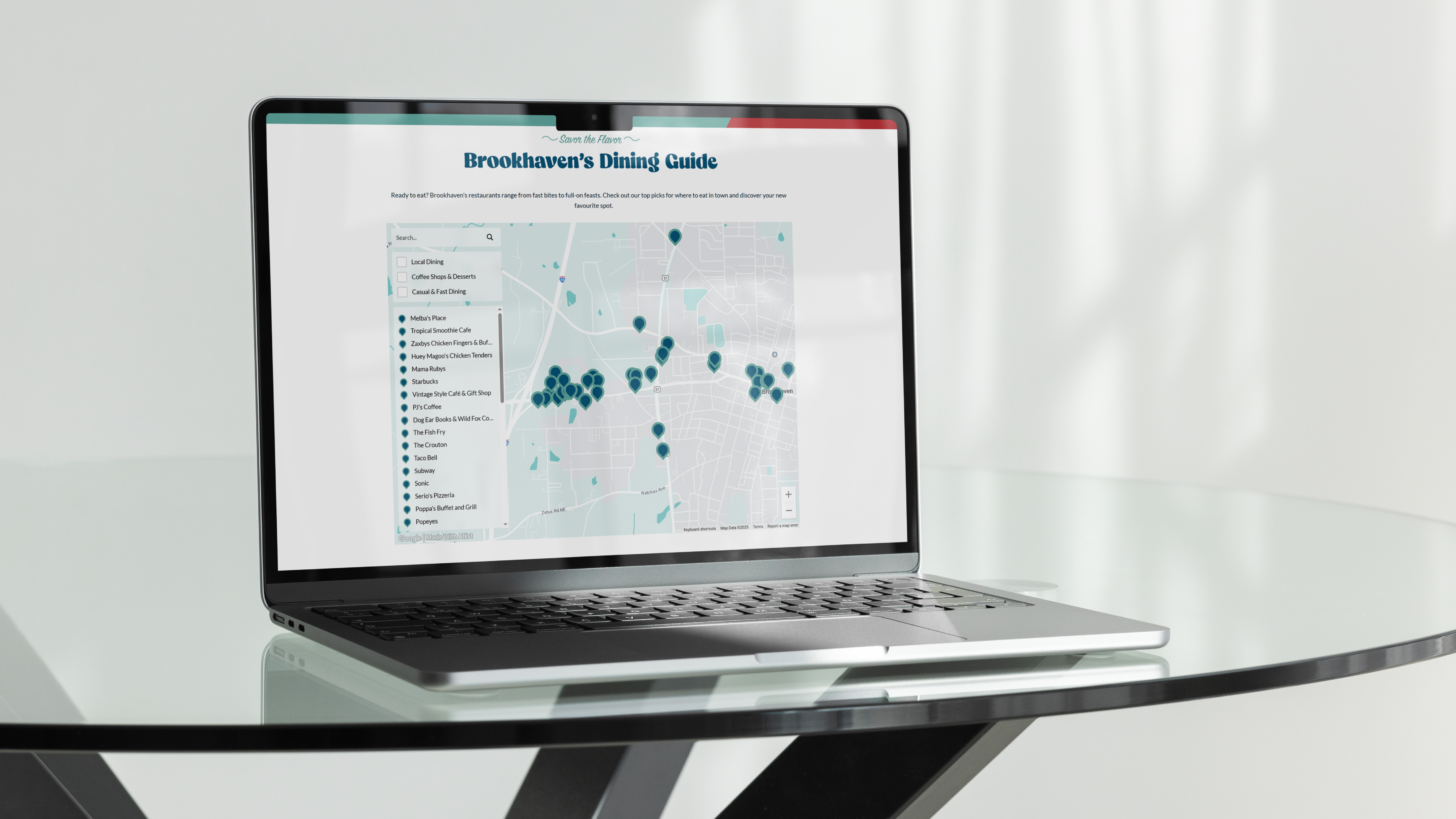Laptop displaying the Brookhaven Tourism website's Dining Guide page, featuring an interactive map and a list of local restaurants."