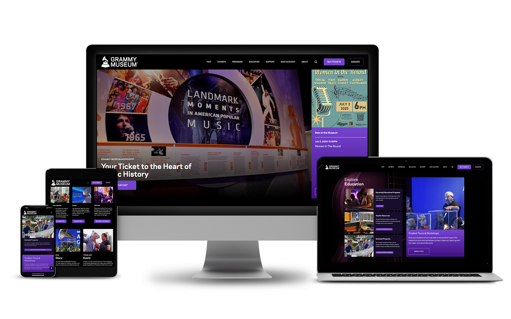 Responsive design showcase of the GRAMMY Museum Mississippi website displayed across mobile, tablet, laptop, and desktop devices, emphasizing cross-platform compatibility.